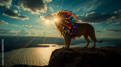 Majestic lion on cliff at sunset with rainbow geometric mane and sun flare over vast lake landscape
