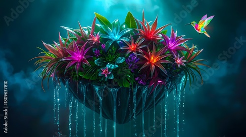 Floating garden island with glowing tropical flowers and cascading water, hummingbird in misty fantasy light