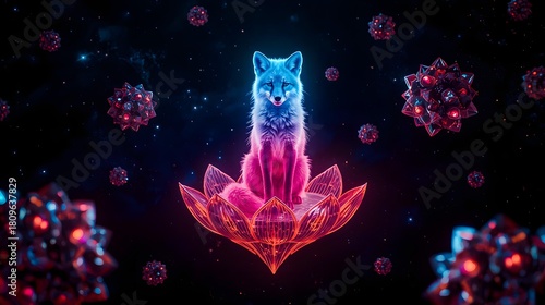Neon fox spirit sitting on a glowing lotus in cosmic space, cyberpunk fantasy with floating particles and orbs
