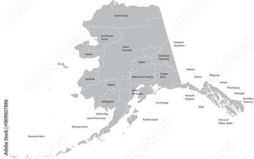 Labelled Map of Alaska Boroughs Editable Minimalist Gray Vector
