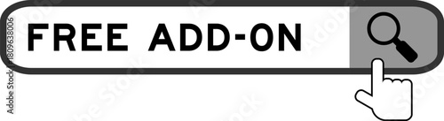 Search banner in word free add-on with hand over magnifier icon on white background