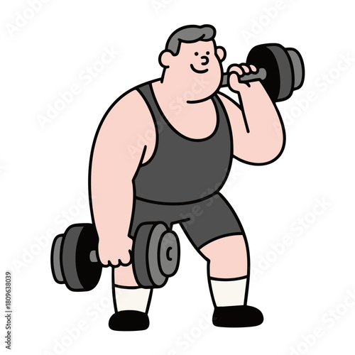 A man is performing weightlifting with dumbbells, focusing on building muscle and strength.