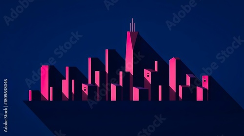 Minimal neon pink city skyline with long shadows on dark blue background, flat vector illustration