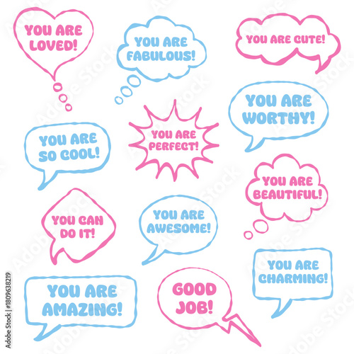 Set doodle speech bubbles with compliment phrases, quotes. Stickers with different phrases.
