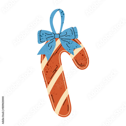 Festive decoration for the Christmas tree. Gingerbread cookies. Christmas homemade sweets. Flat illustration gingerbread candy cane cookie with bow.