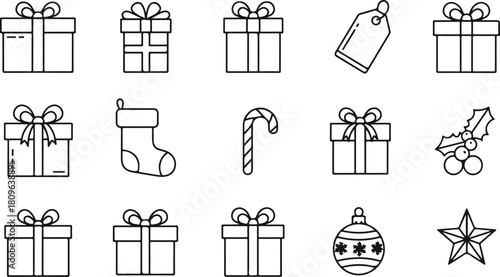 Festive Gift Boxes and Holiday Decorations Collection of Line Art Icons for Christmas