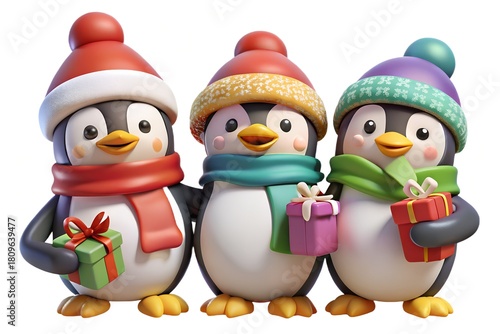 Three cheerful penguins wearing winter hats and scarves holding gifts