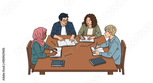 Diverse group of students collaborating and studying together around a wooden table with books and notebooks