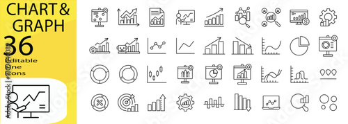 graph and chart icons for apps, websites, dashboards, business analytics, statistics, and data presentation. Ideal for reports, infographics, and financial interfaces. Editable stroke. vector illustra