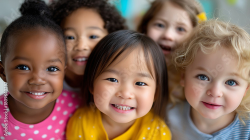 Vier glückliche Kleinkinder verschiedener Ethnien lächeln gemeinsam in Kamera