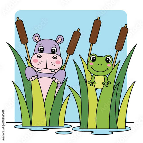 Cute Cartoon Hippo and Frog Friends Peeking from Cattails. Happy Swamp Animals Hiding in Reeds and Water Pond for Kids Design Vector Illustration.