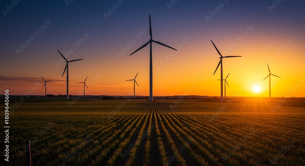 Obraz premium Wind Turbines at Sunset over a Farm Field Renewable Energy Concept