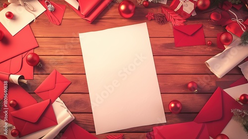 plain peice of A4 white paper sat in portrait mode on top of red envelopes and other peices of paper a wooden desk surrounded by red envelopes and christmas paraphanalia