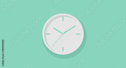 Minimalist white clock with light green hands and markers against a solid, pastel, teal background. Simple design