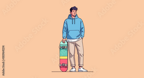 A cartoon-style depiction shows a white teacup with a floral design on a saucer, filled with steaming red liquid. Background is a peach color