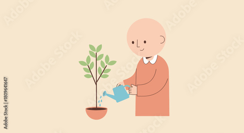 A woman with dark hair focuses a camera at colorful cartoon flowers, set against a light background