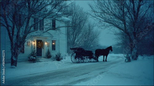 Horse-drawn sleigh by an old farmhouse in deep snow under a starry moonlit sky