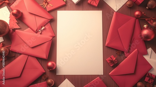 plain peice of A4 white paper sat in portrait mode on top of red envelopes and other peices of paper a wooden desk surrounded by red envelopes and christmas paraphanalia