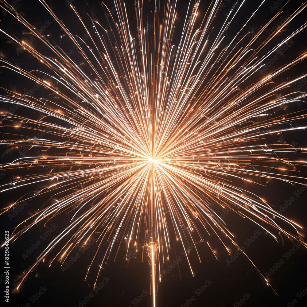 Obraz premium Vibrant multiple fireworks trails converging into a single radiant burst.