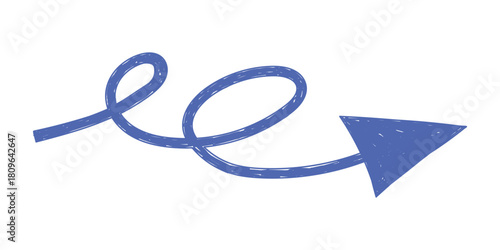 Hand drawn crayon movement blue arrow. Grunge squiggly arrow. Pencil chalk lines sketch. Color brush scribble element. Doodle vector illustration.