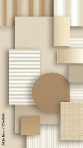 Beige geometric abstract background with 3d overlapping shapes and lines, phone wallpaper