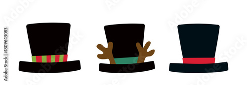 Set of Snowman Hats Flat Vector Illustration.
Clipart Design of Christmas Black Top Hat Decorated Antler.
White background
