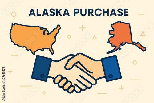Illustration of the alaska purchase with a handshake between the united states and alaska