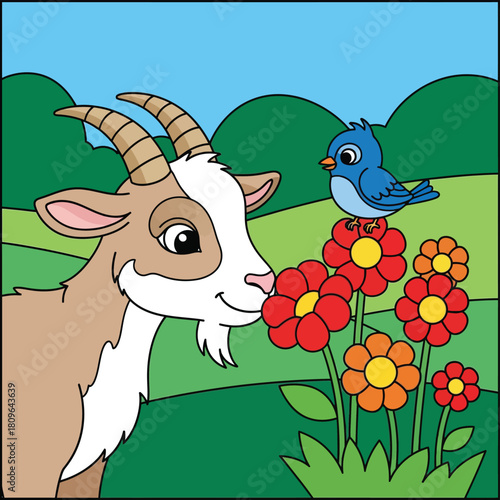 Cute Cartoon Goat Looking at Blue Bird Sitting on Red Flowers. Happy Farm Animal Smelling Blossoms in Green Meadow Nature Scene for Kids Design Vector Illustration.