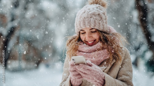 Smiling woman in winter clothing joyfully using a smartphone outdoors in falling snow