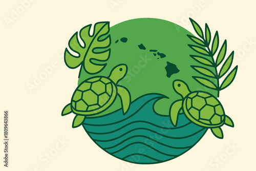 Hawaiian sea turtles swim in ocean waves with tropical leaves and island silhouette