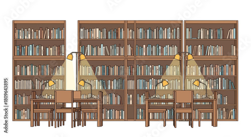 Cozy library interior with rows of bookshelves filled with books and study desks illuminated by warm lamps