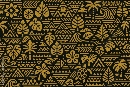 Tribal hawaiian pattern with tropical leaves and waves