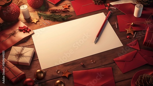 plain peice of A4 white paper sat in portrait mode on top of red envelopes and other peices of paper a wooden desk surrounded by red envelopes and christmas paraphanalia