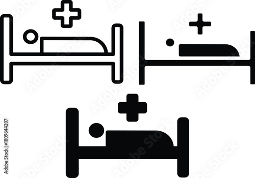 Patient In Hospital Bed With Medical Cross Recovery Care Vector Silhouette and Pictogram..eps