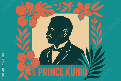 Silhouette portrait of prince kuhio surrounded by tropical flowers and leaves
