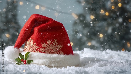 Sombrero de Santa Claus de terciopelo rojo y pelo blanco en paisaje nevado, fondo desenfocado festivo para promoción navideña