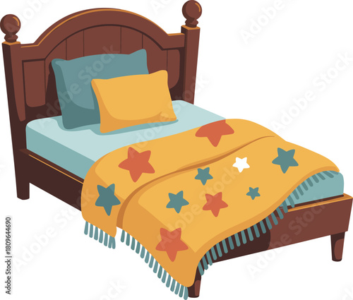 Cozy wooden bed with star patterned blanket and pillows