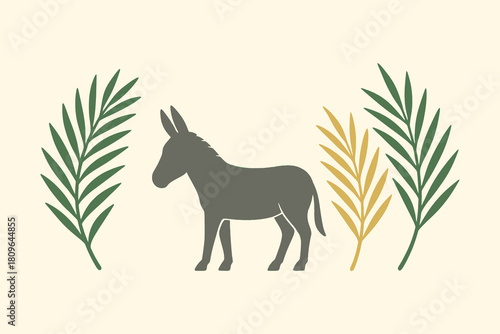 Silhouette of a donkey standing between palm fronds on a cream background