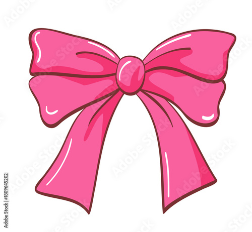 Double pink loop bow, variation of shoelace knot, in cartoon style, with outline