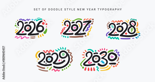 Set of Doodle Style New Year Typography from 2026 to 2030