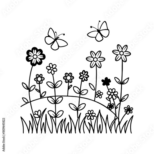 Flower garden with butterflies and grass isolated on white background isolated on transparent background