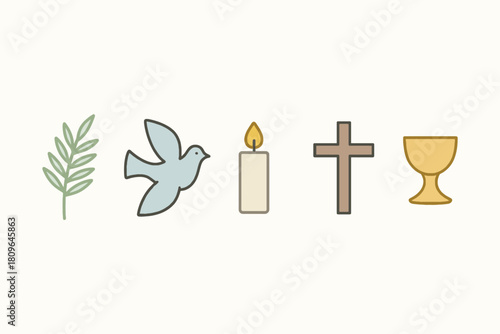 Religious symbols of faith including dove candle cross and chalice