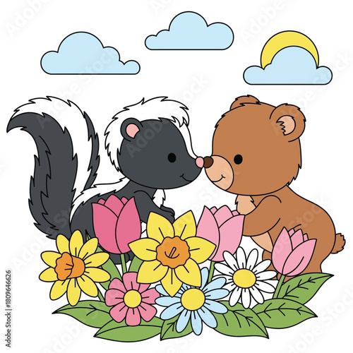 Cute Cartoon Skunk and Bear Friends Touching Noses in Flower Garden. Happy Forest Animals Kissing with Spring Flowers and Sun for Kids Design Vector Illustration.