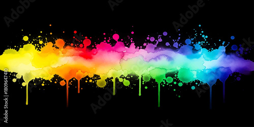 Bright rainbow color paint splashes art design on a black background celebration pattern
