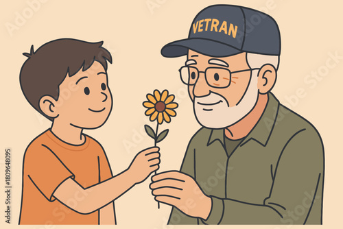 Young boy gives a sunflower to an elderly veteran wearing a cap