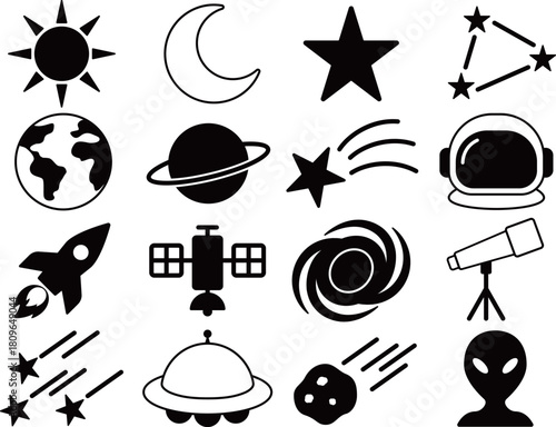 宇宙のアイコン16種セット　モノトーン