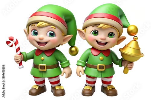 Two cheerful cartoon elves holding Christmas items