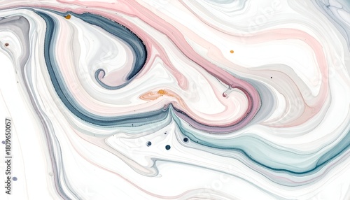 Swirling abstract artwork with pastel pink, grey, blue, and gold tones on a white background