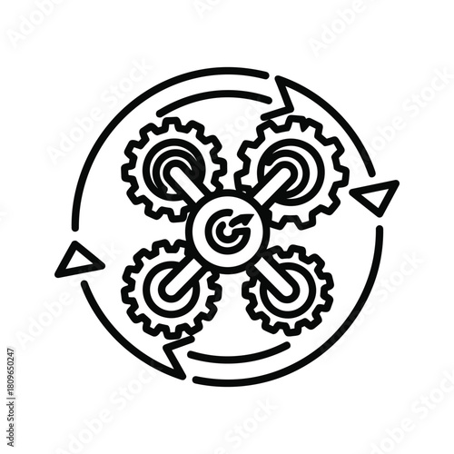 Drone with gears and rotating arrows isolated on, symbolizing technology, progress, and innovation