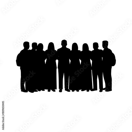 Silhouette of a diverse group of people standing together, representing community, teamwork, unity, and support, perfect for social causes and corporate responsibility